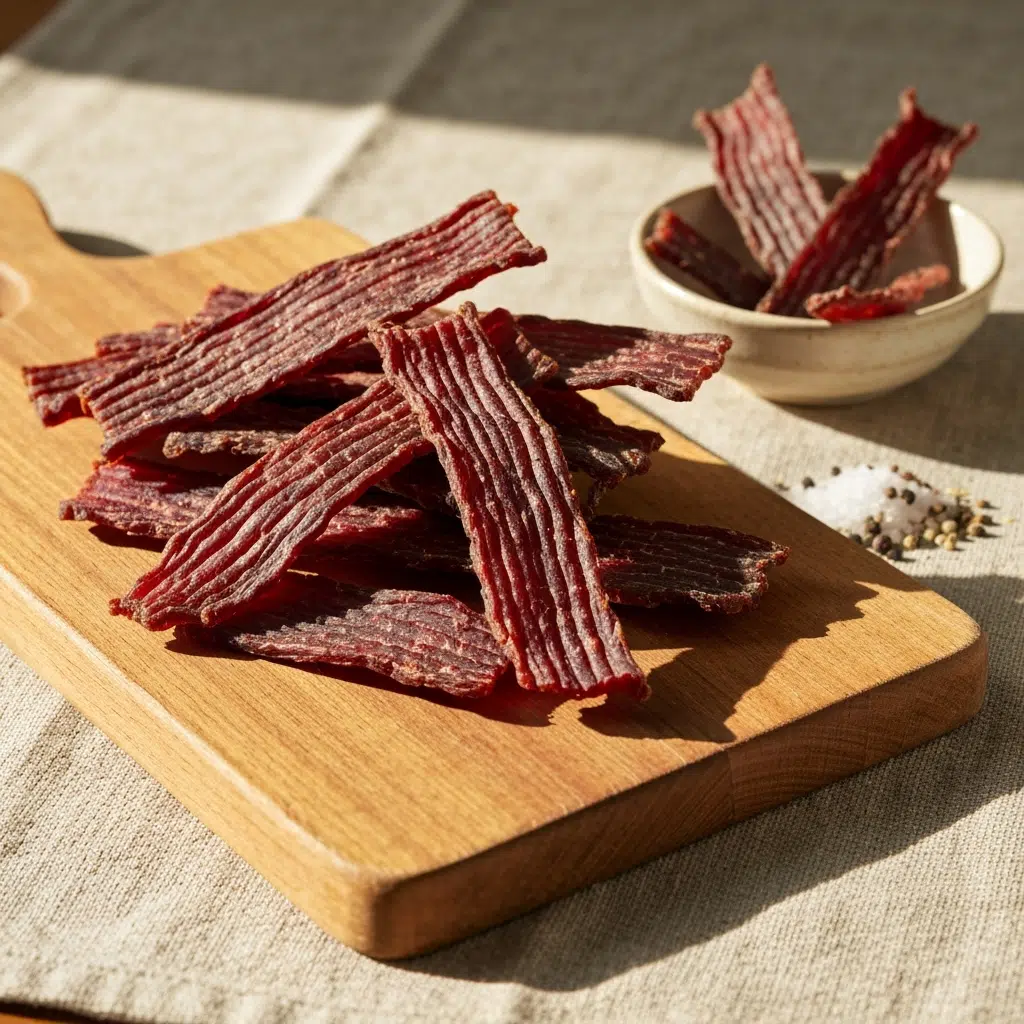 Homemade beef jerky on a rustic wooden cutting board.