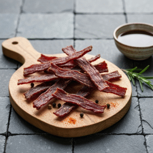 Homemade beef jerky strips on a rustic wooden cutting board.