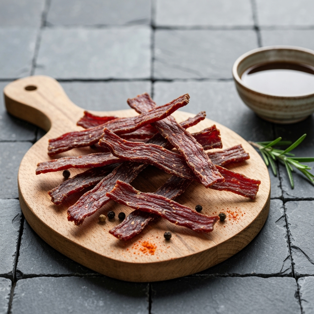 Homemade beef jerky strips on a rustic wooden cutting board.