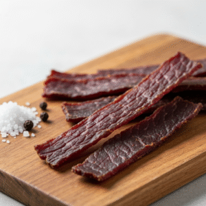Homemade beef jerky recipe on a rustic wooden cutting board.