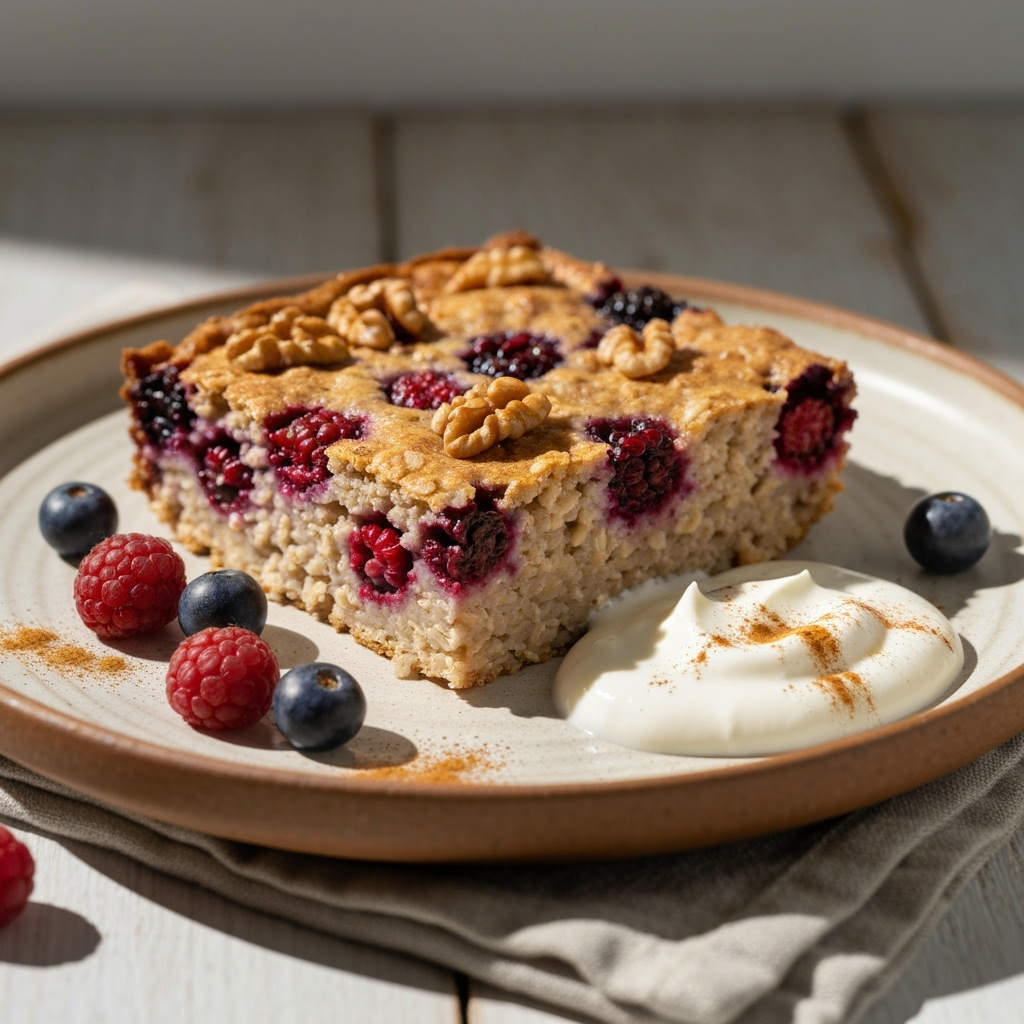Protein oatmeal bake with berries and walnuts on plate.