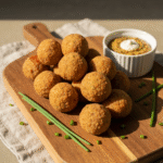 Golden brown Bisquick sausage balls with grainy mustard dip.