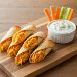 Buffalo chicken taquitos with blue cheese dressing and celery sticks