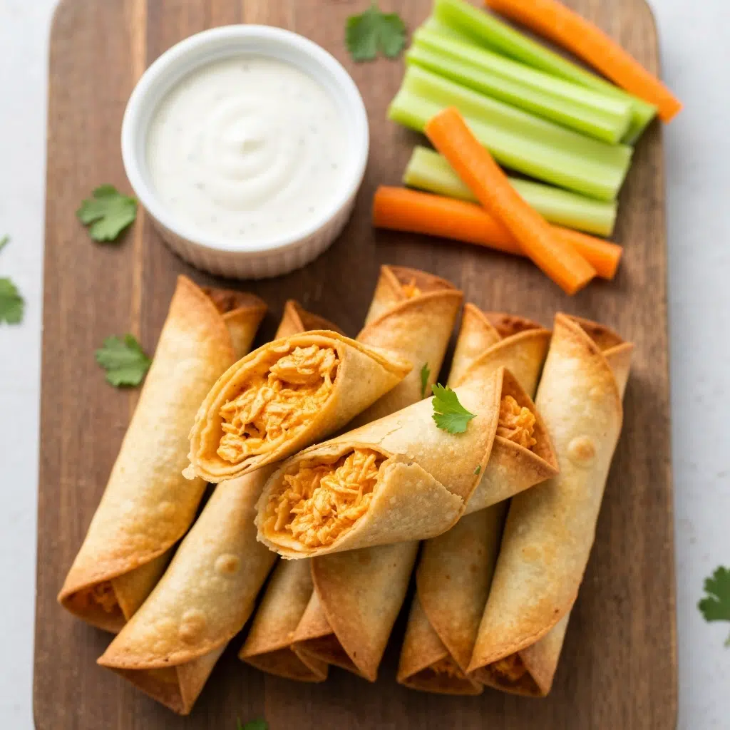 Crispy buffalo chicken taquitos with creamy ranch dip