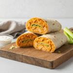 Buffalo Chicken Wrap 8 Buffalo chicken wrap recipe with ranch and celery on wood