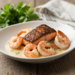 Cajun Shrimp and Salmon with Garlic Cream Sauce 8 Cajun shrimp and salmon with creamy garlic sauce recipe.