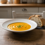 Creamy carrot potato soup with crusty bread and chives