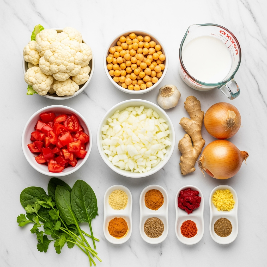 Slow cooker cauliflower curry ingredients arranged for cooking Slow Cooker Cauliflower Curry