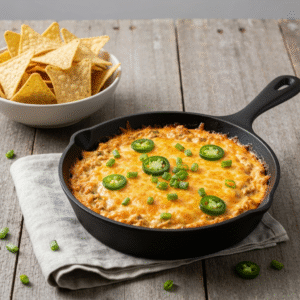 Cheesy Texas Trash Dip served warm in cast iron skillet
