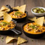 Cheesy Texas Trash Dip in mini cast iron skillets.