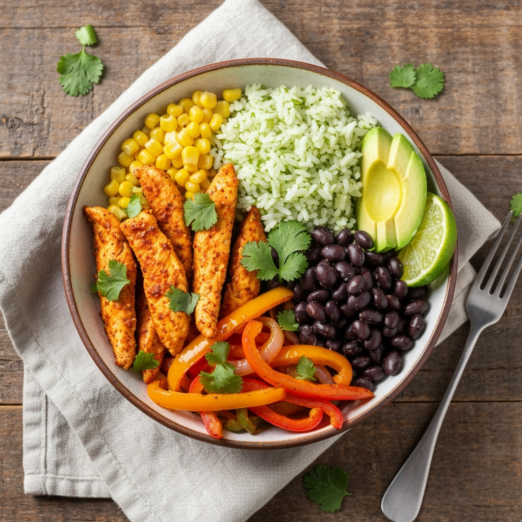 Healthy chicken fajita meal prep bowl with rice and vegetables.