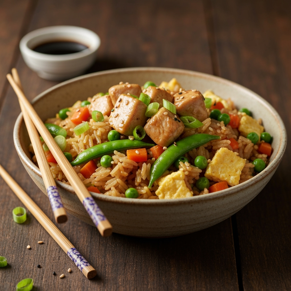Savory chicken fried rice with vegetables and scrambled eggs.