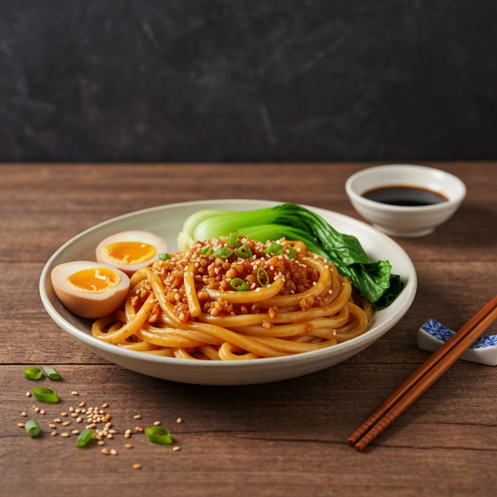 Chili garlic udon noodles with soft boiled egg and bok choy