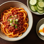 Chilli Garlic Udon 8 Spicy chili garlic udon noodles in a rustic bowl