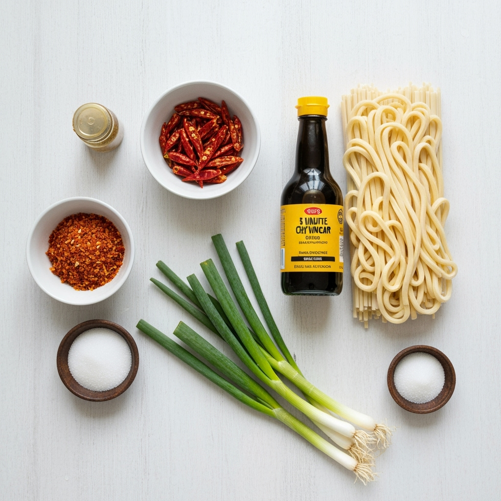 Quick and Easy 5 Minute Chili Udon Recipe 5 chili udon ingredients overhead flatlay 2025 10 05T191545.899Z 1