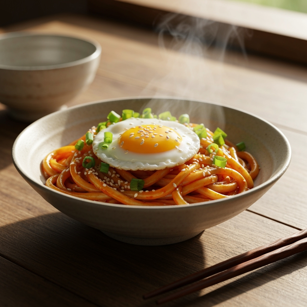 Steaming spicy chili udon noodles with egg and scallions