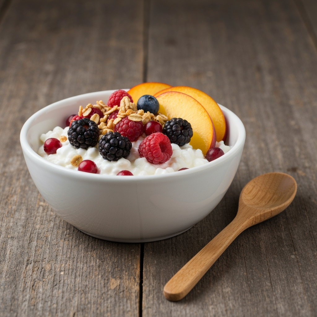 Creamy cottage cheese bowl with fresh berries and peaches.