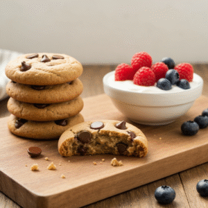 Healthy cottage cheese protein cookies with chocolate chips and fruit.