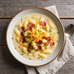 Bacon Cheddar Gnocchi Soup 6 Creamy bacon cheddar gnocchi soup in rustic bowl.
