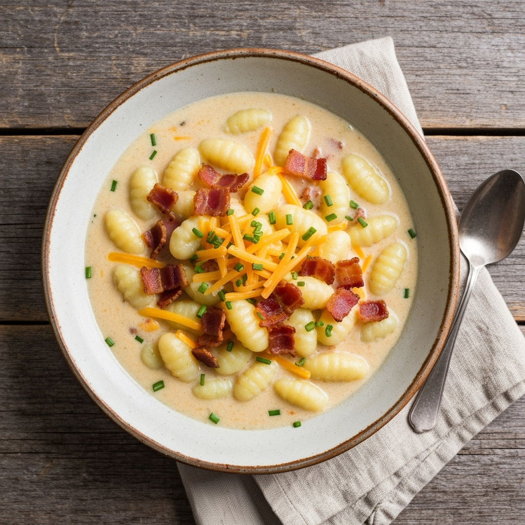 Creamy bacon cheddar gnocchi soup in rustic bowl.
