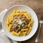 High Protein Creamy Beef Pasta Recipe 8 High protein creamy beef pasta with rotini and Parmesan cheese