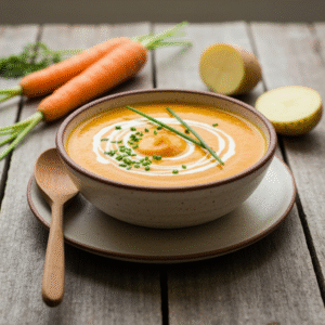 Creamy carrot potato soup garnished with chives and cream.
