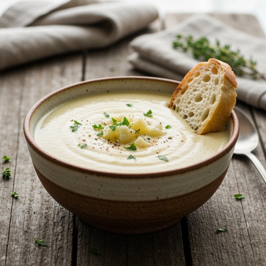 Creamy cauliflower chicken soup recipe with parsley garnish.