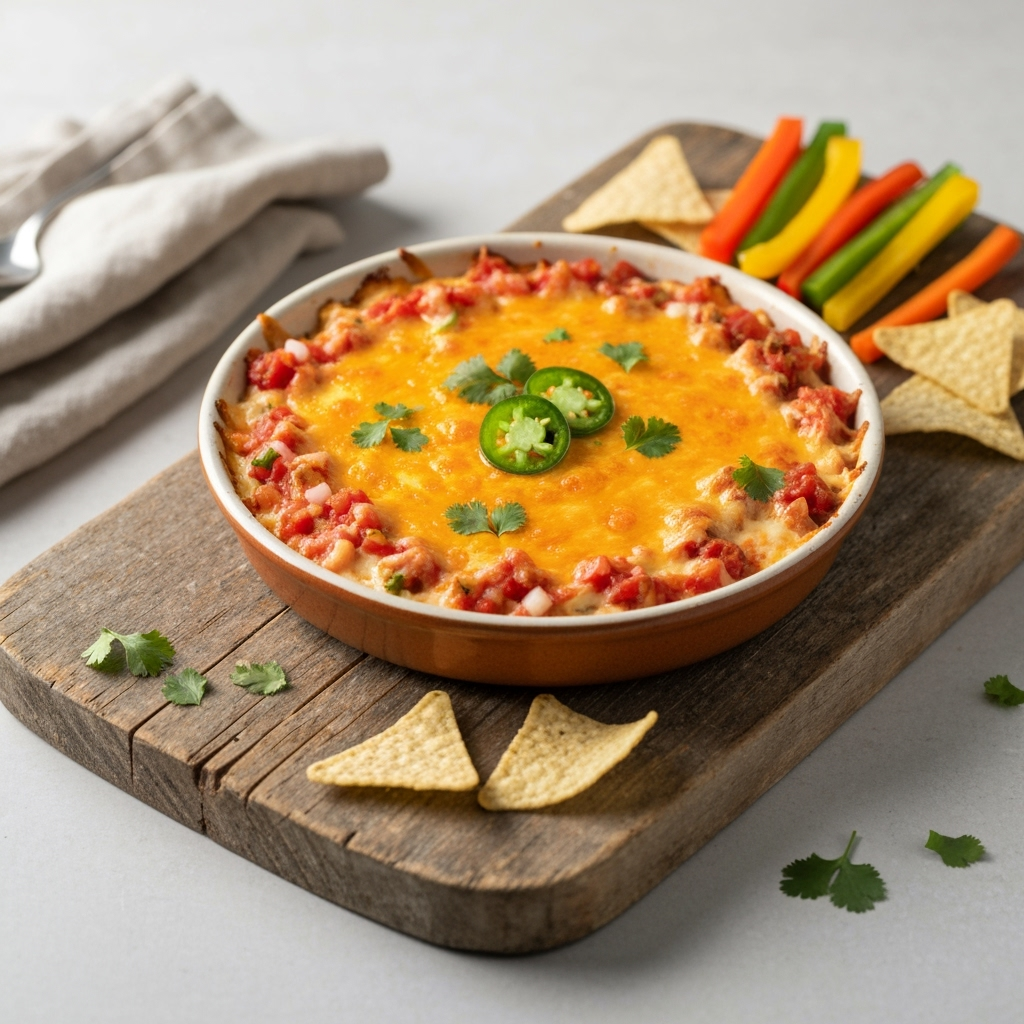 Creamy cream cheese salsa dip with melted cheddar cheese topping.