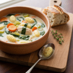 Creamy chicken gnocchi soup in a rustic ceramic bowl.