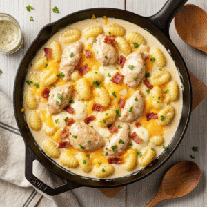 Creamy crack chicken gnocchi in a cast iron skillet