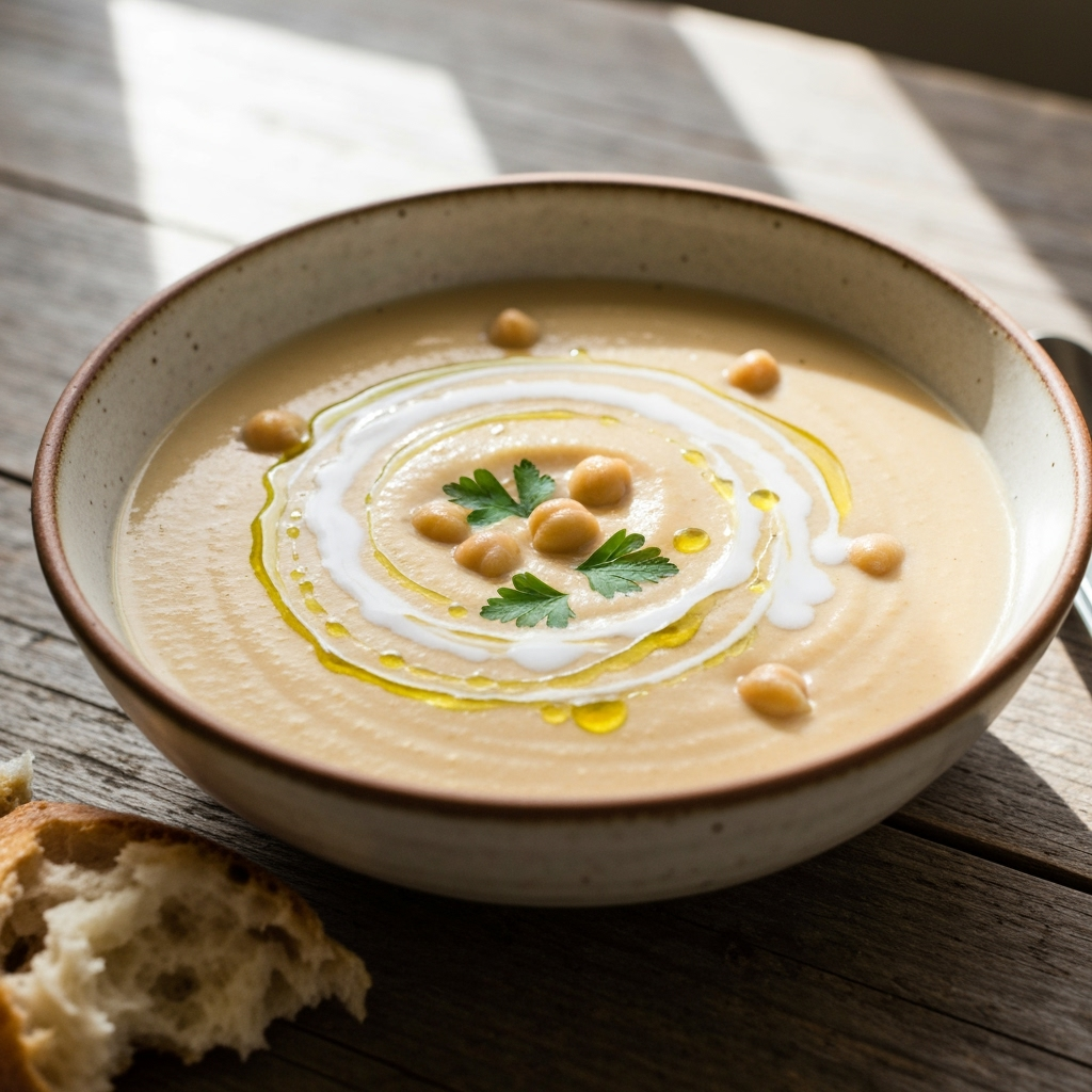 Creamy garlic chickpea soup with coconut milk and parsley