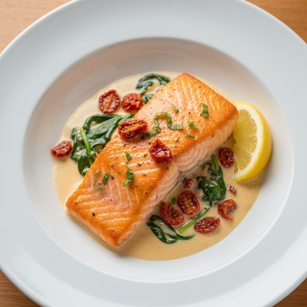 Creamy Garlic Marry Me Salmon recipe in white bowl
