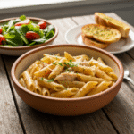 Crockpot Garlic Parmesan Chicken Pasta 8 Creamy Crockpot Garlic Parmesan Chicken Pasta recipe with garlic bread.