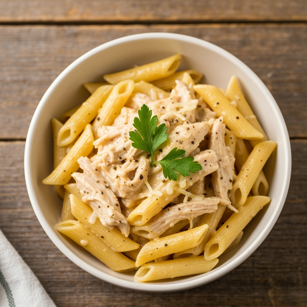 Creamy Crockpot Garlic Parmesan Chicken Pasta recipe