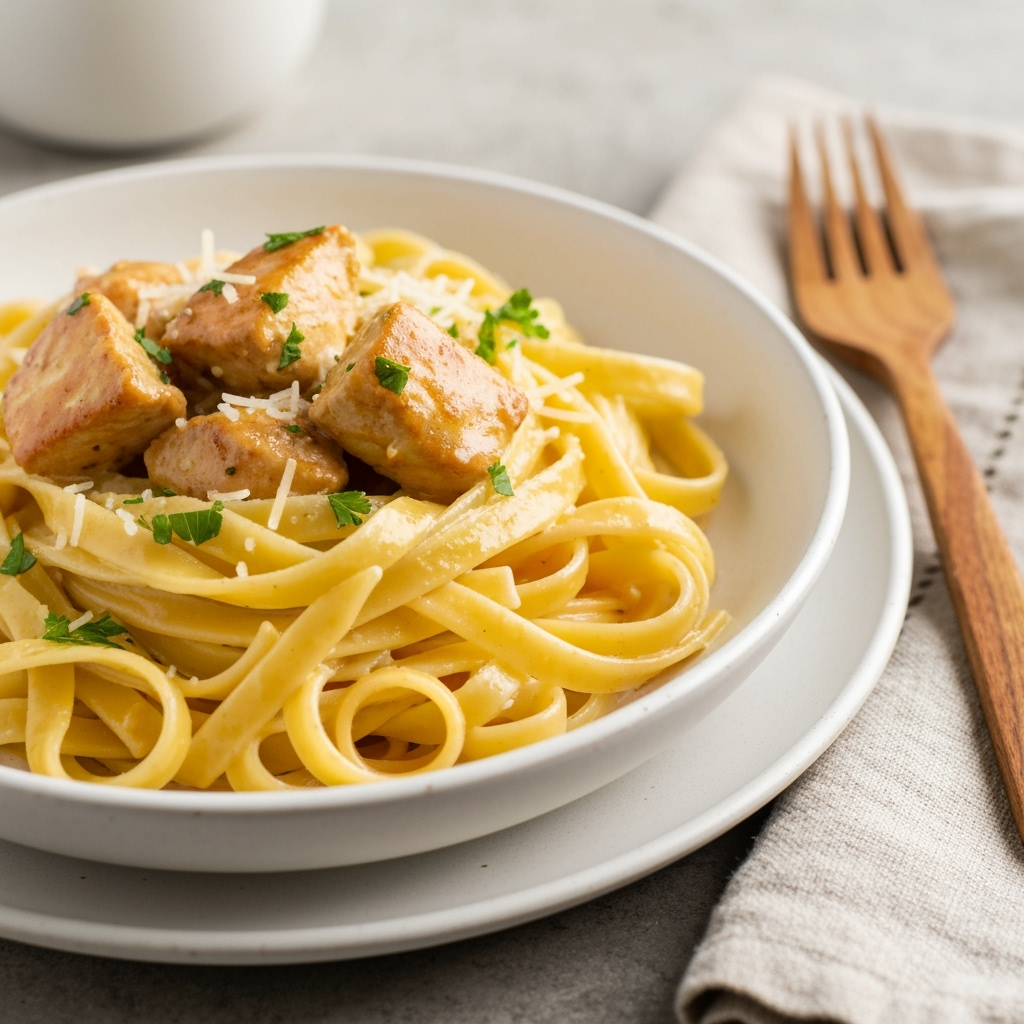 Creamy garlic parmesan chicken pasta recipe with fettuccine.