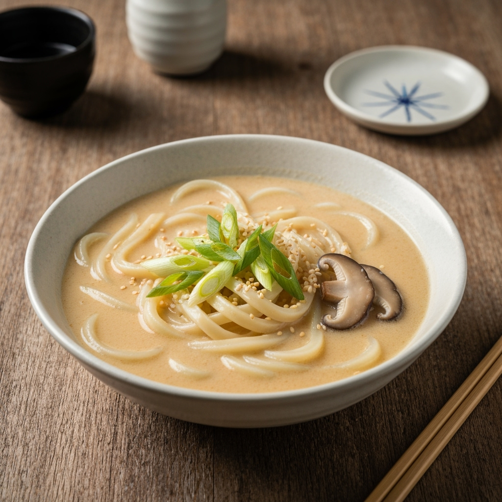 Creamy miso udon noodles with green onions and mushrooms