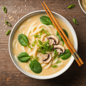 Creamy miso udon soup with spinach and mushrooms