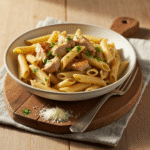 Easy Parmesan Chicken Pasta 8 Creamy Parmesan chicken pasta on a rustic wooden board.