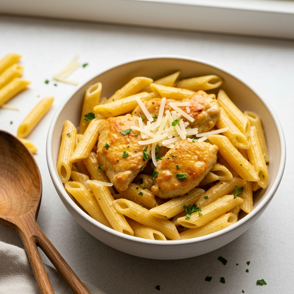 Creamy Parmesan chicken pasta with penne and golden chicken.