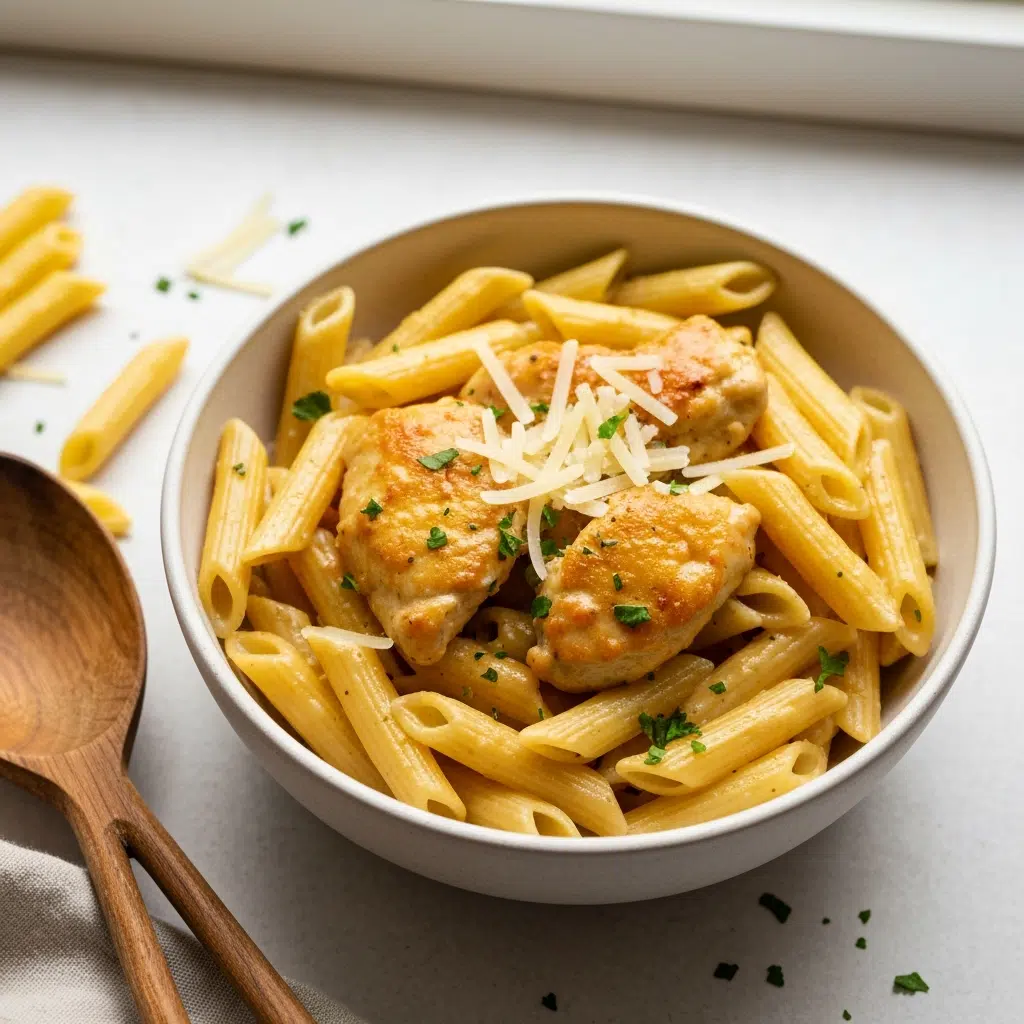 Creamy Parmesan chicken pasta with penne and golden chicken.