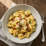 30-Minute Creamy Tortellini Carbonara Recipe 8 Creamy tortellini carbonara with crispy bacon and Parmesan.