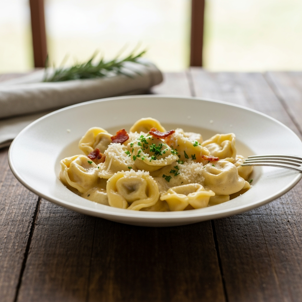 30-Minute Creamy Tortellini Carbonara Recipe 6 creamy tortellini carbonara rustic tabletop fork 2025 10 02T110629.069Z 1