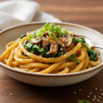 Creamy udon noodles with mushrooms and spinach recipe