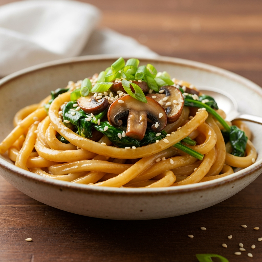 Creamy udon noodles with mushrooms and spinach recipe