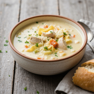 Creamy white chicken lasagna soup in a rustic bowl.