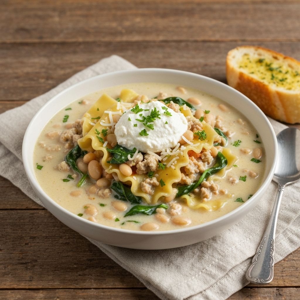 Creamy white lasagna soup with chicken and spinach recipe