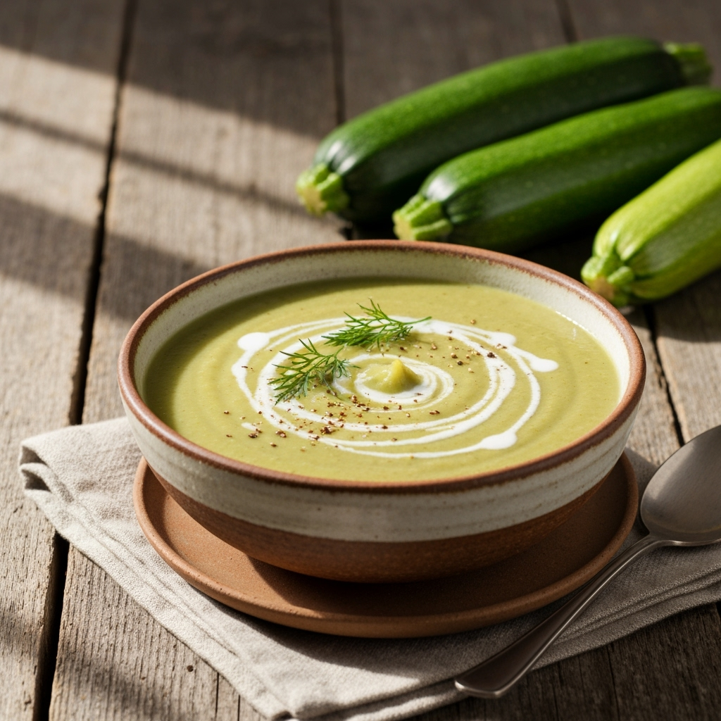 Creamy zucchini soup garnished with coconut milk and dill