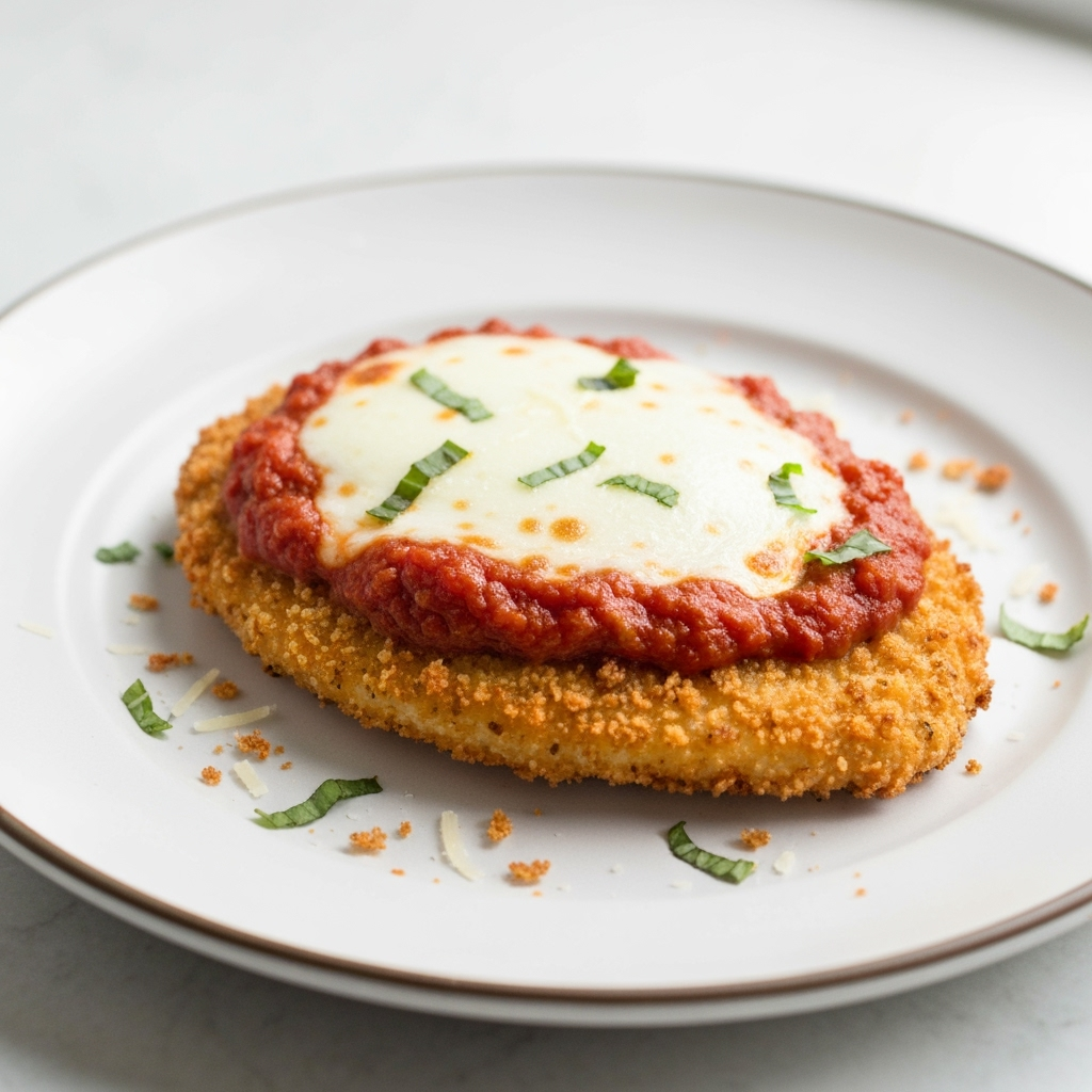 Crispy air fryer chicken parmesan with melted mozzarella and marinara.