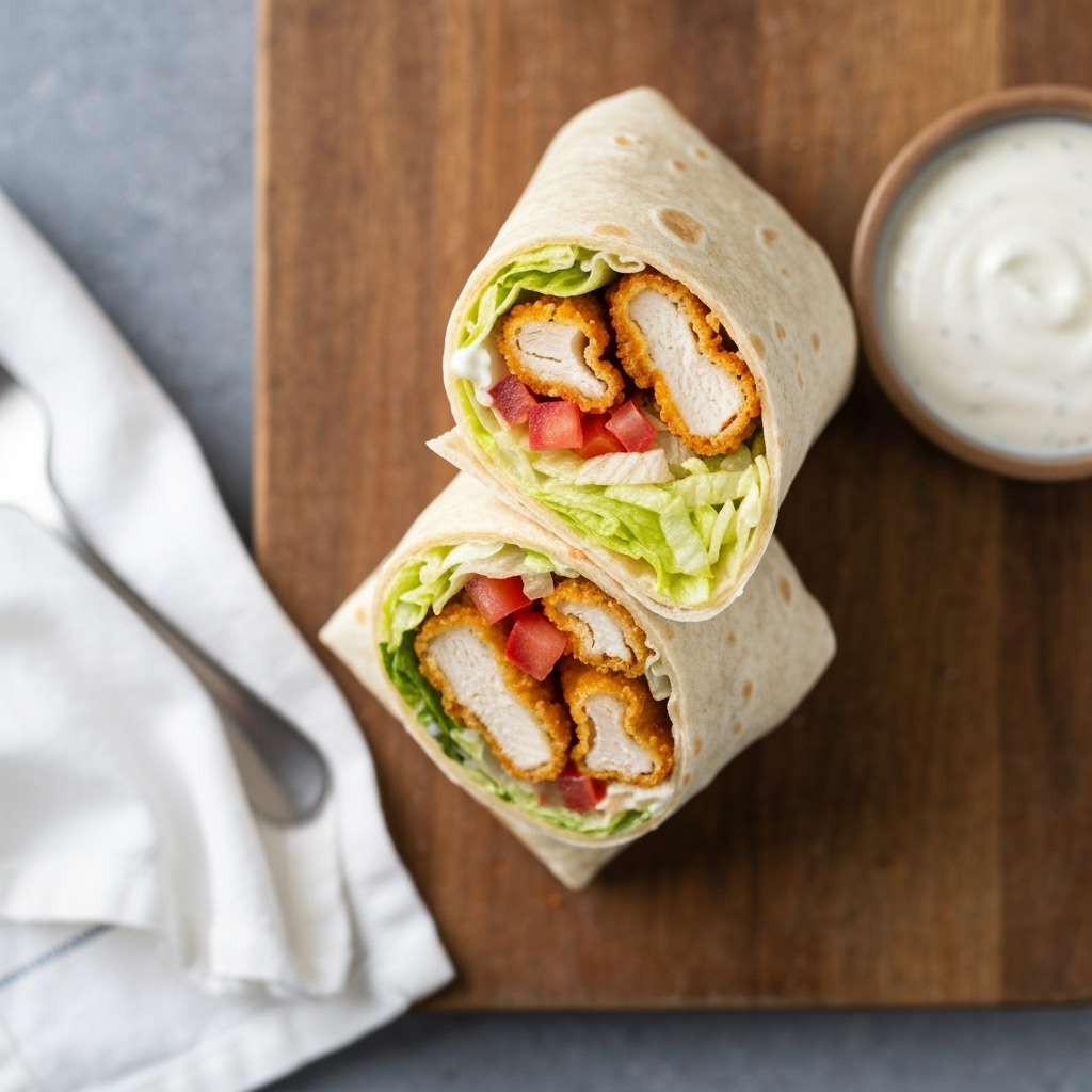 Crispy chicken ranch snack wrap sliced open on rustic board