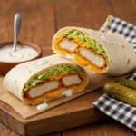 Crispy Chicken Ranch Snack Wrap 8 Crispy chicken ranch snack wrap sliced open on wood.